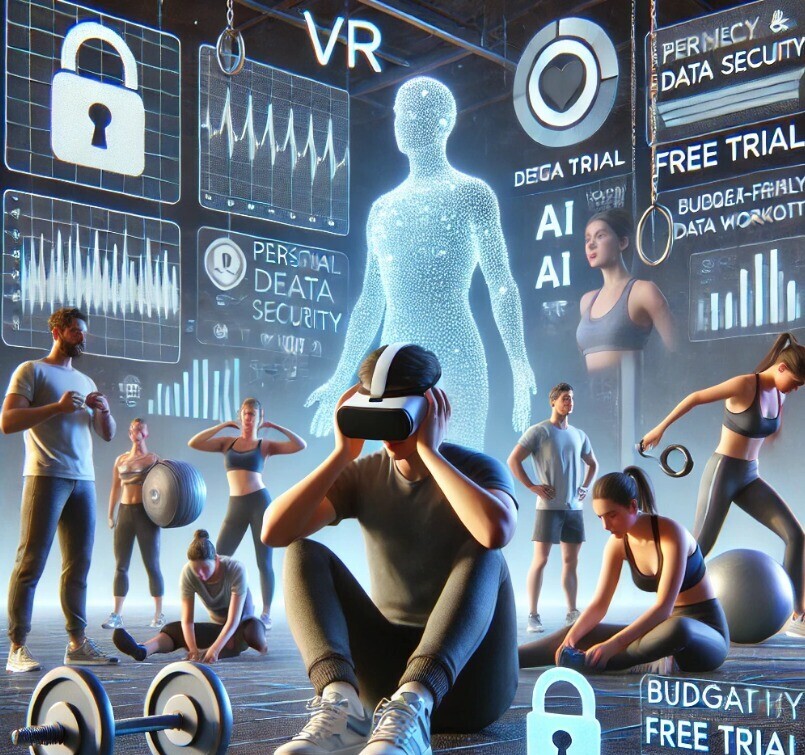 realistic depiction of the challenges surrounding VR and AI fitness technology, capturing elements like privacy, motion sickness, accessibility, and the lack of social interaction. 