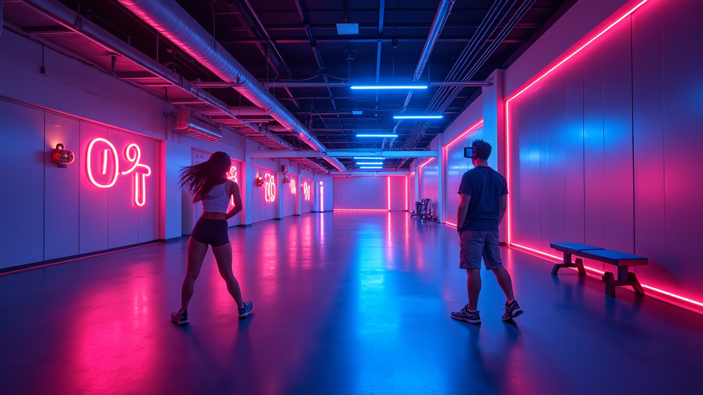 VR fitness headset, colorful neon shapes, gym environment, futuristic workout space